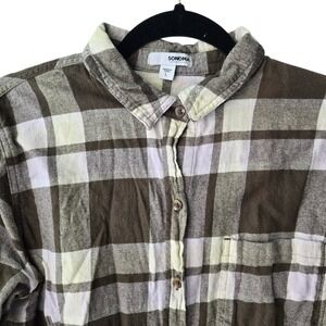 Sonoma Goods For Life Brown Plaid Flannel Button Down Shirt Womens L Camp Hike